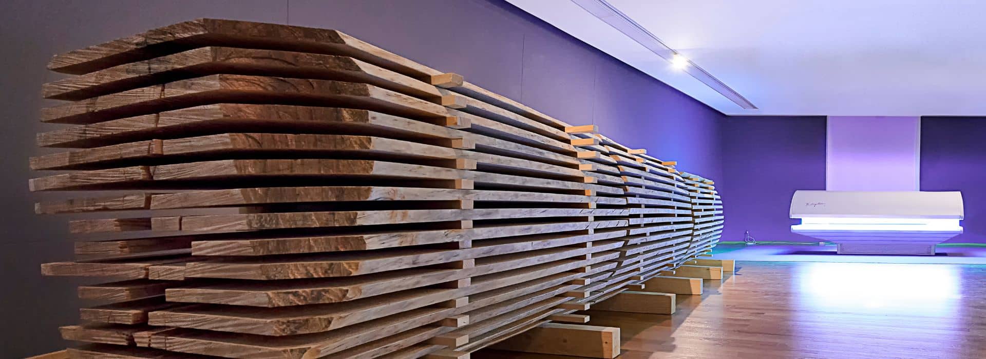 Prix culturel Manor Valais 2019, BadelSarbach, 1er volet du projet Little Sun Back Here. a post-periphery poem, installation, 90 planches en bois de mélèze, plexiglas et solarium, 2019-2020, Musée d'art du Valais, Sion © Musées cantonaux du Valais, Sion ; photo florence.zufferey